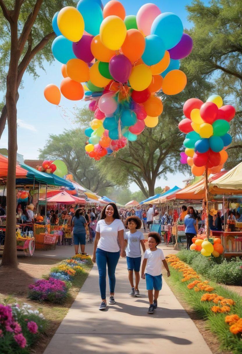 A lively scene showcasing diverse families enjoying various activities in Alief, with colorful parks, food vendors, and cultural festivities surrounding them. Capture the essence of community and joy with children playing, people sharing laughter, and vibrant decorations. Include elements like balloons and flowers to enhance the heartwarming vibe. super-realistic. vibrant colors. lively atmosphere.