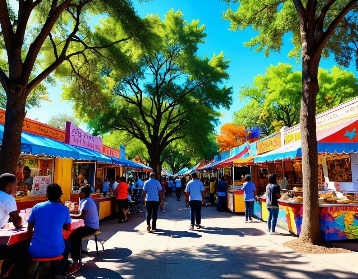 A lively street scene in the Alief neighborhood showcasing diverse groups of people happily gathering at a local park, enjoying food stalls, colorful decorations, and cultural performances. Vibrant murals on nearby walls reflecting the community's spirit. Sunlight filtering through trees, capturing a feeling of warmth and joy. super-realistic. vibrant colors. 3D.