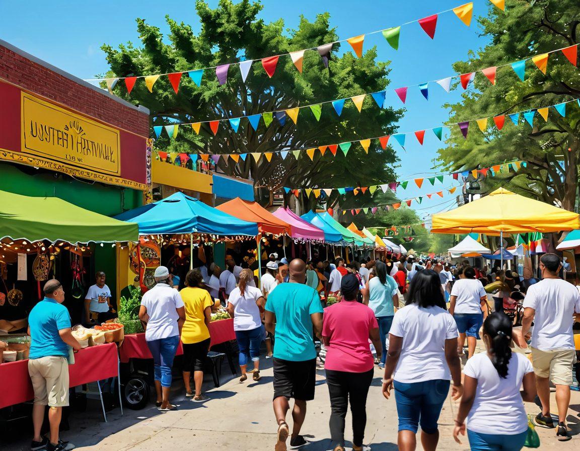 A vibrant community scene in Alief, showcasing diverse locals engaged in joyful activities like a colorful street festival, families laughing together, and friends enjoying food from various food stalls. Lush greenery in the background, with cultural decorations hanging above. The mood is festive and uplifting, embodying the warmth of community connections. vibrant colors. super-realistic. 3D.